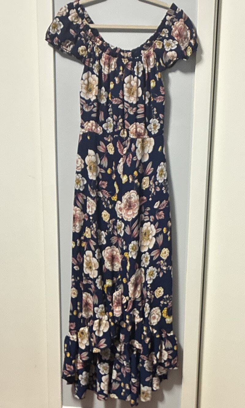 AQUA Navy Blue Floral Off the Shoulder High Low Maxi Dress Boho Size L